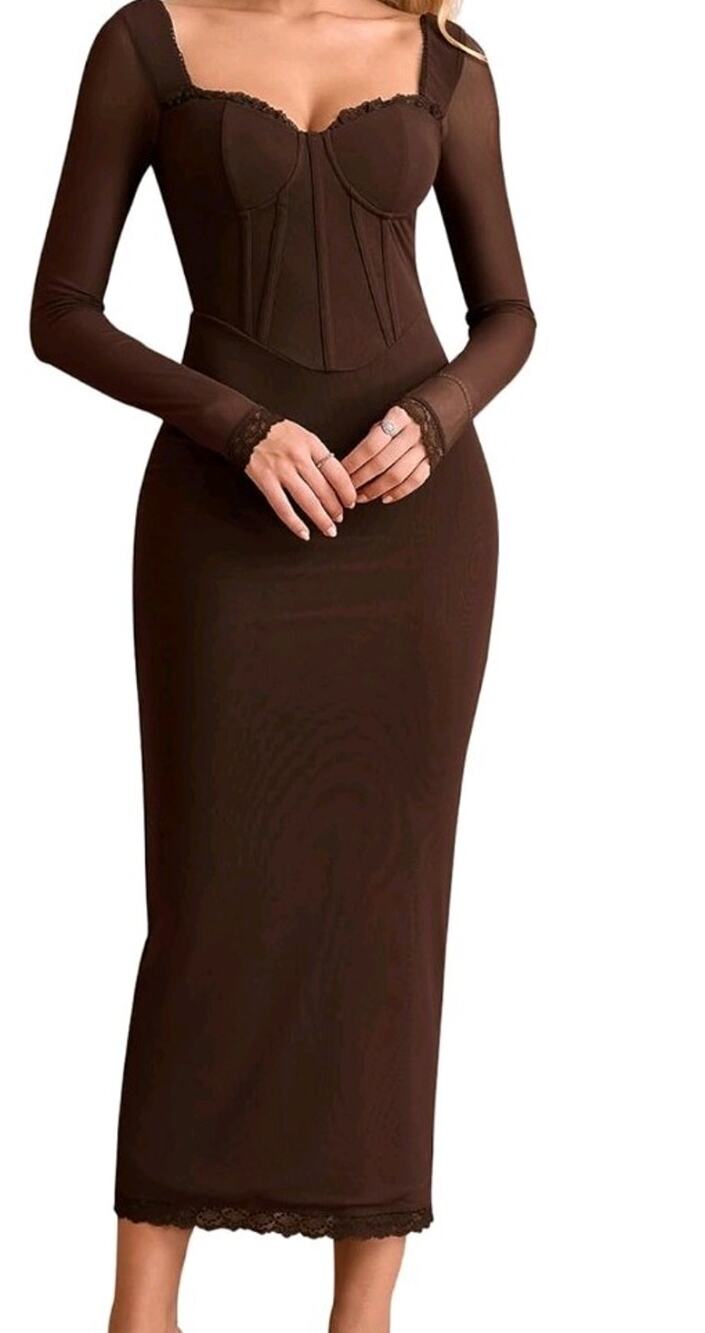 KUTUMAI Corset Lace Long Sleeve Formal Dress Back Slit Bodycon Dress